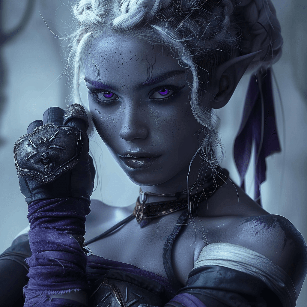 AI generated: a dark elf woman who is a monk, in the style of dnd characters, purple eyes purple skin and white ha...