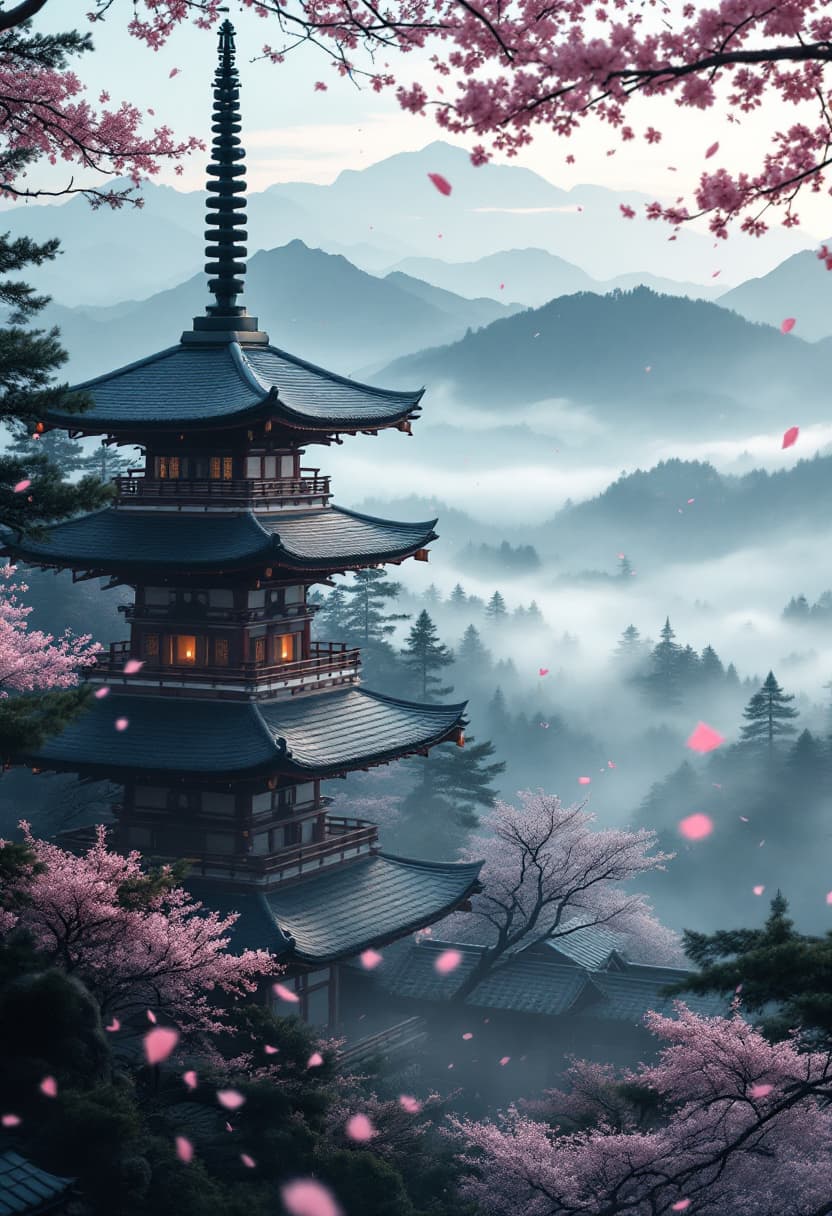 AI generated: cinematic Japanese pagoda in misty mountain valley, mid-range framing, full architectural detail wit...