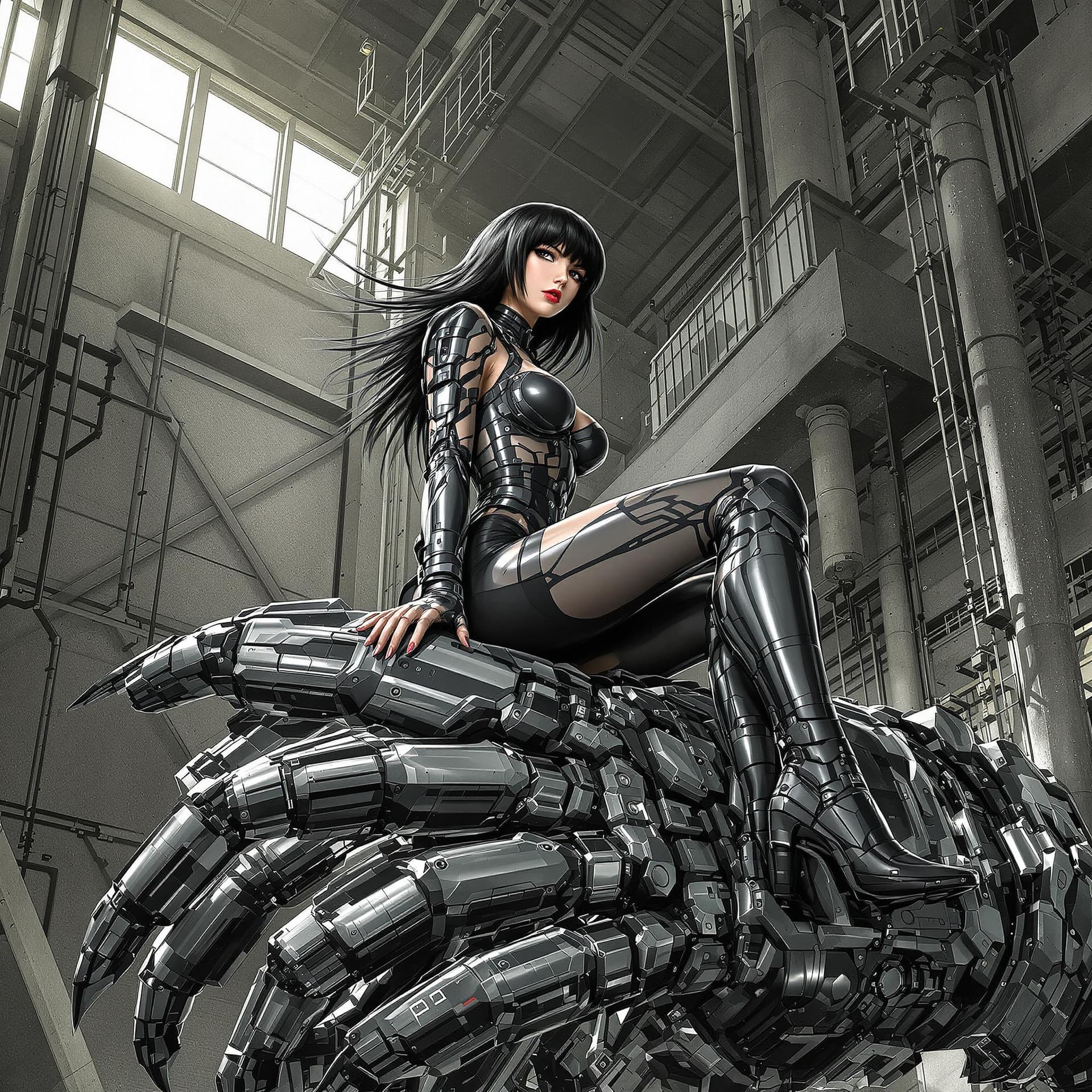 AI generated: A full body shot, side view, beautiful European woman with black hair and bangs, in the style of Mas...
