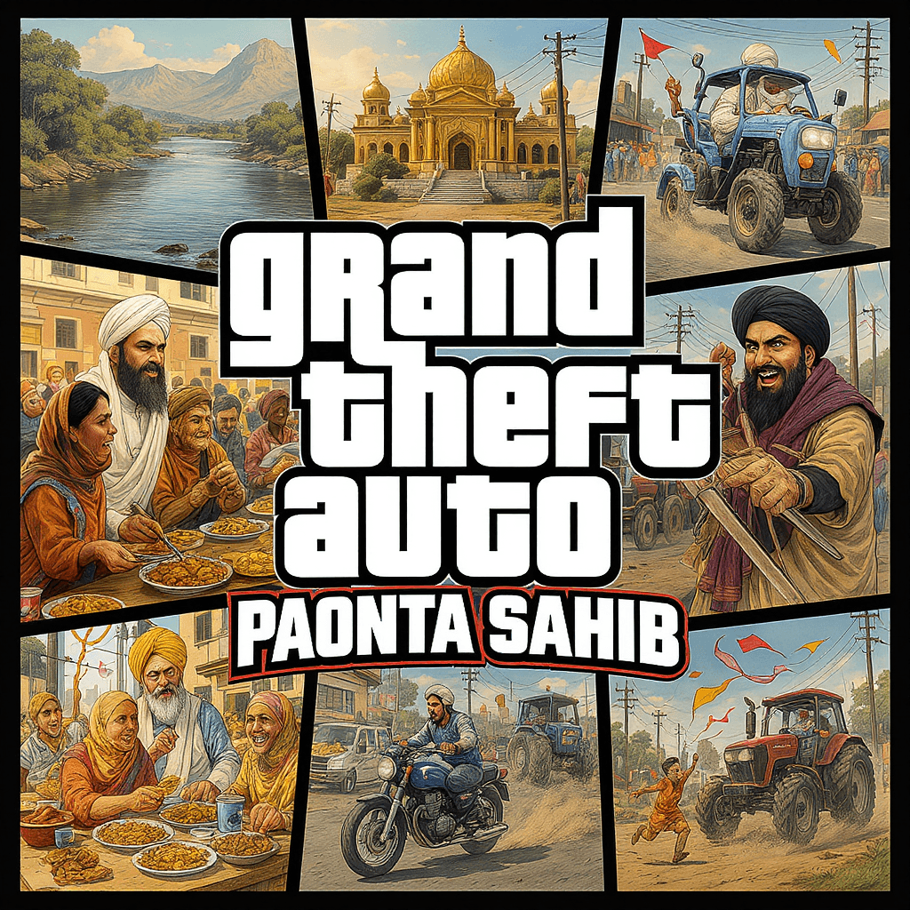 AI generated: The artwork showcases a collage of dynamic and humorous scenes set in Paonta Sahib, India. At the ce...