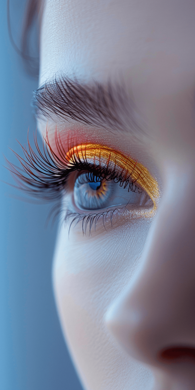 AI generated: A woman's eye is shown with the focus on her eyelashes, which appear to be lengthened with bright ye...