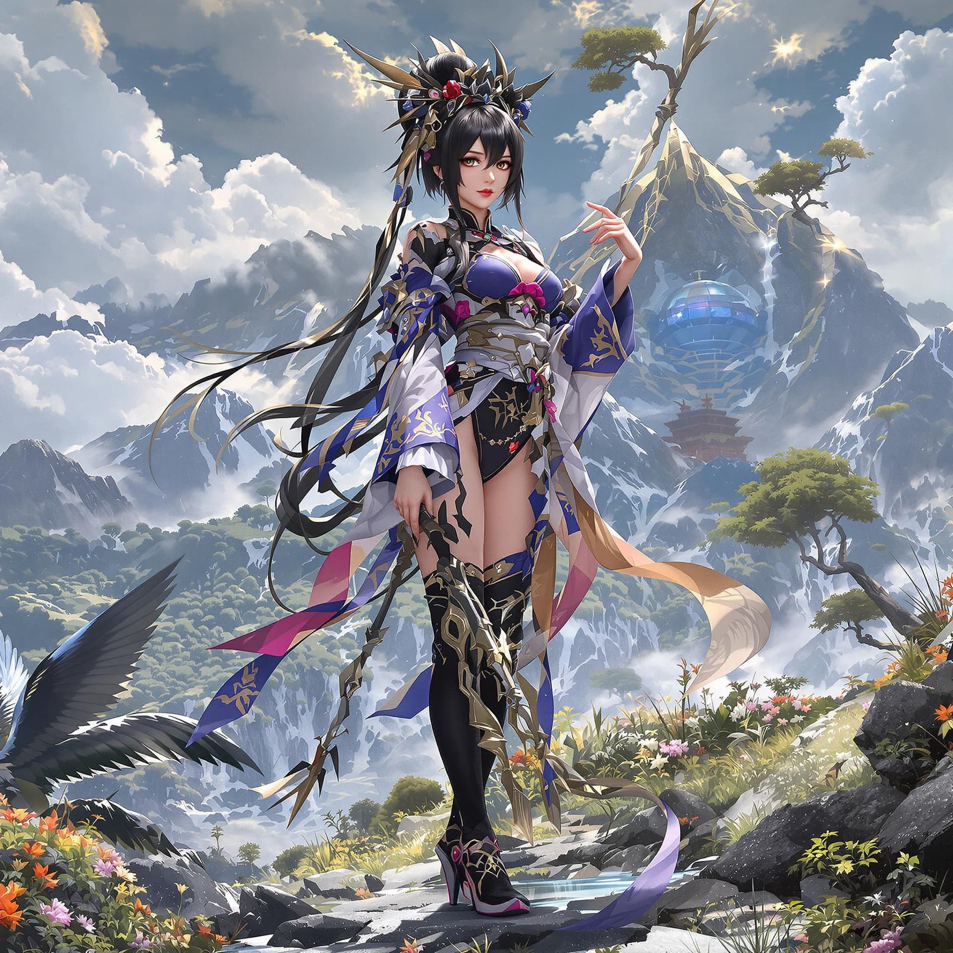 AI generated: Fantasy,Japanese girl,hot model,bad vein, beautiful fantasy landscape, tight suit,kimono