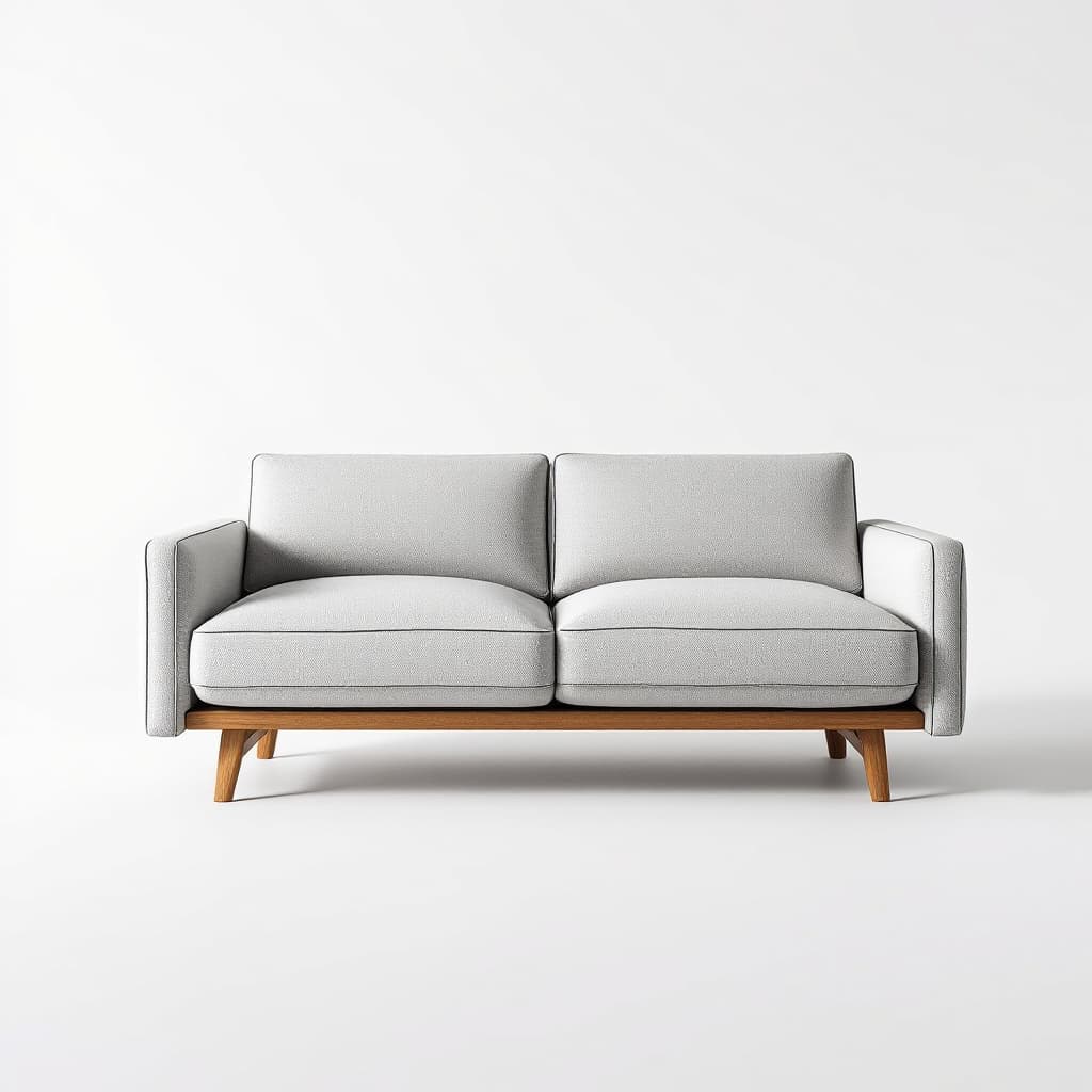 AI generated: simple, brightly lit product photography in studio lighting of a modern, clean line two-seater sofa ...