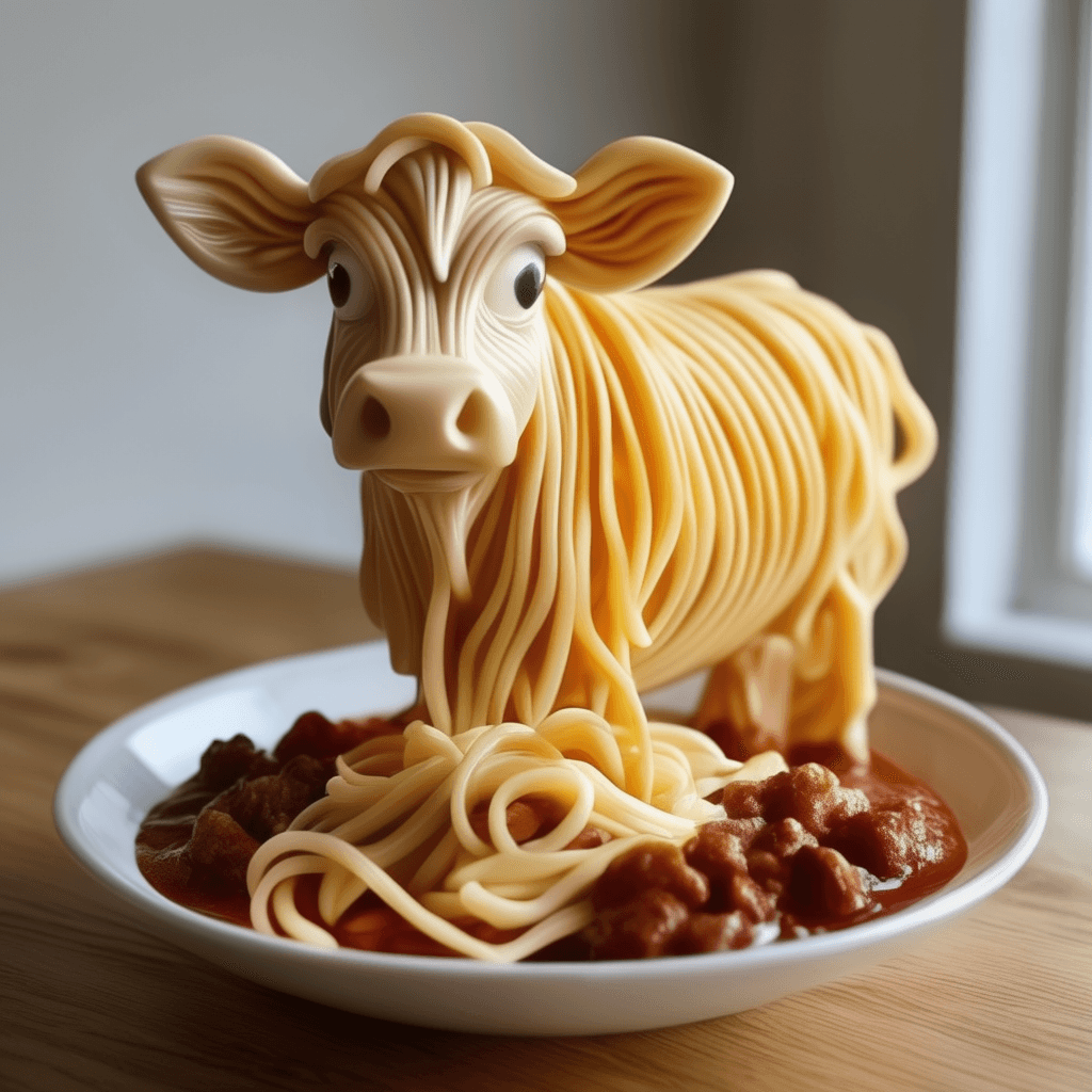 AI generated: cow made of pasta, sauce, meatballs, standing,