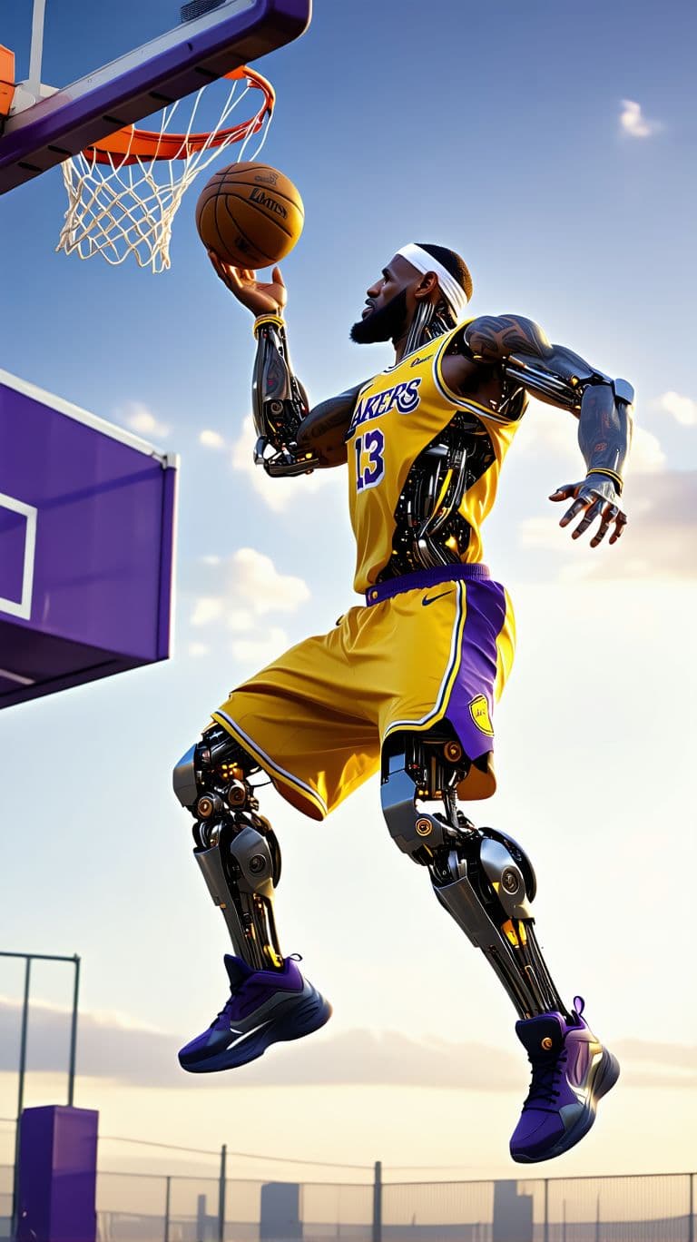 AI generated: A Cyborg Lebron James dunking a basketball, , dressed in LA Lakers Uniform, realistic perspective, x...