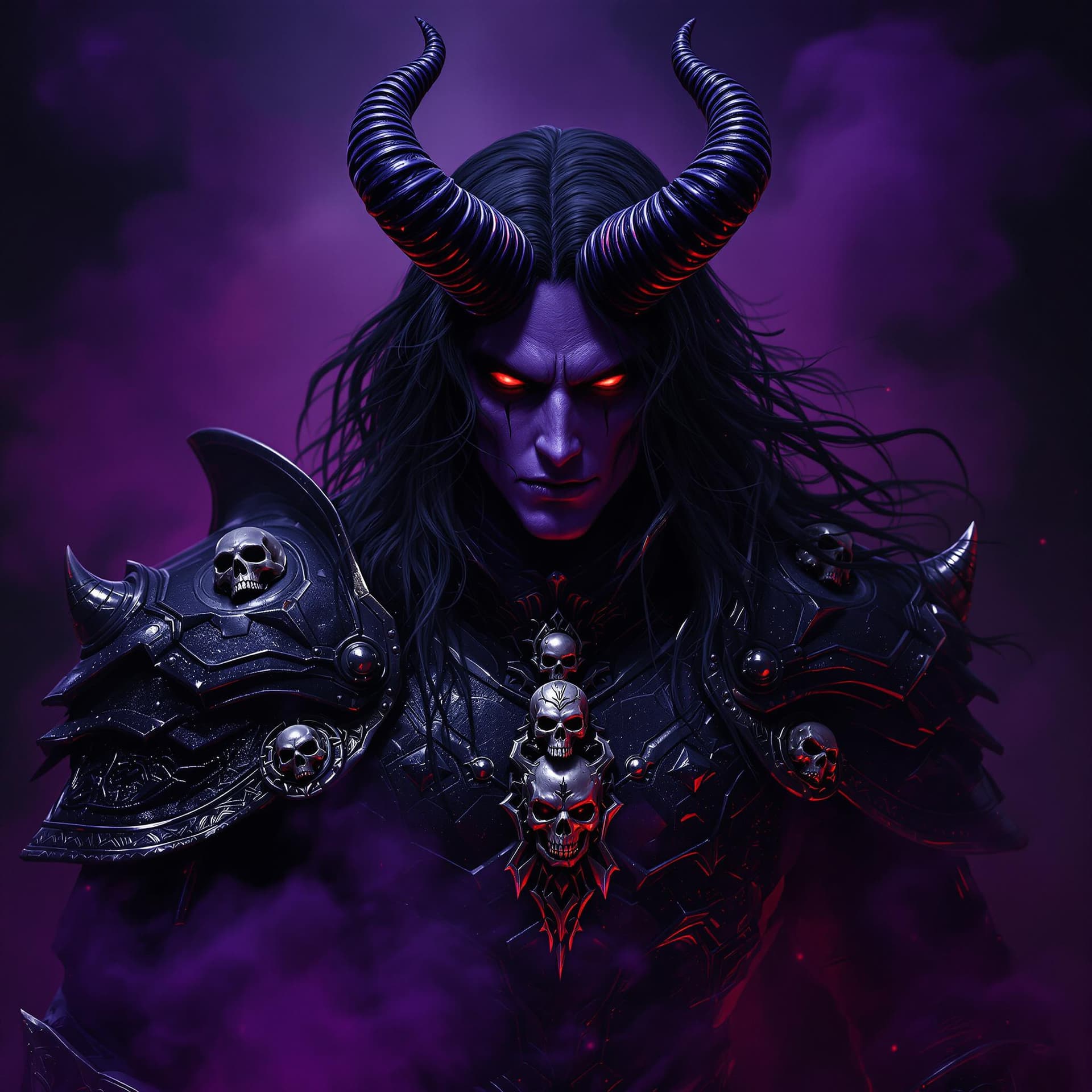 AI generated: A Purple Skinned brooding figure dominates the scene, exuding an aura of dark power with long, flowi...