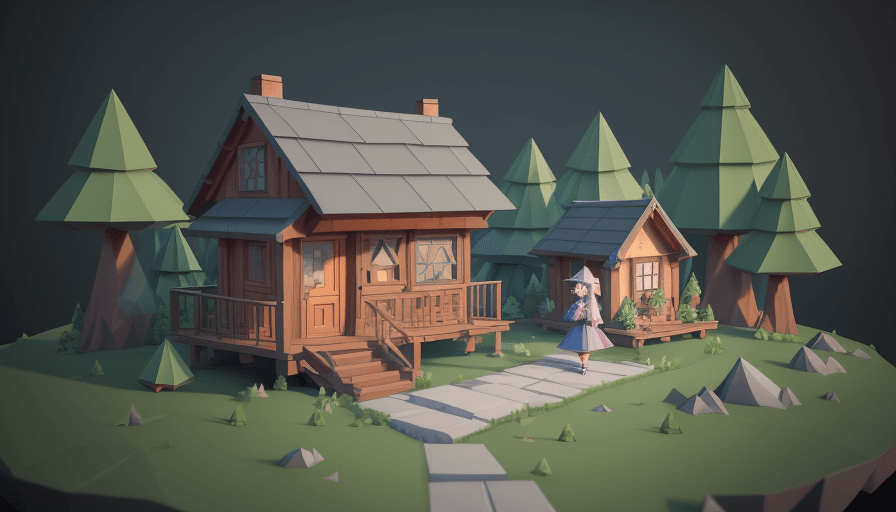 AI generated: Far view of cute little girl walking past a cute cozy interesting majestic low poly asian styled wiz...