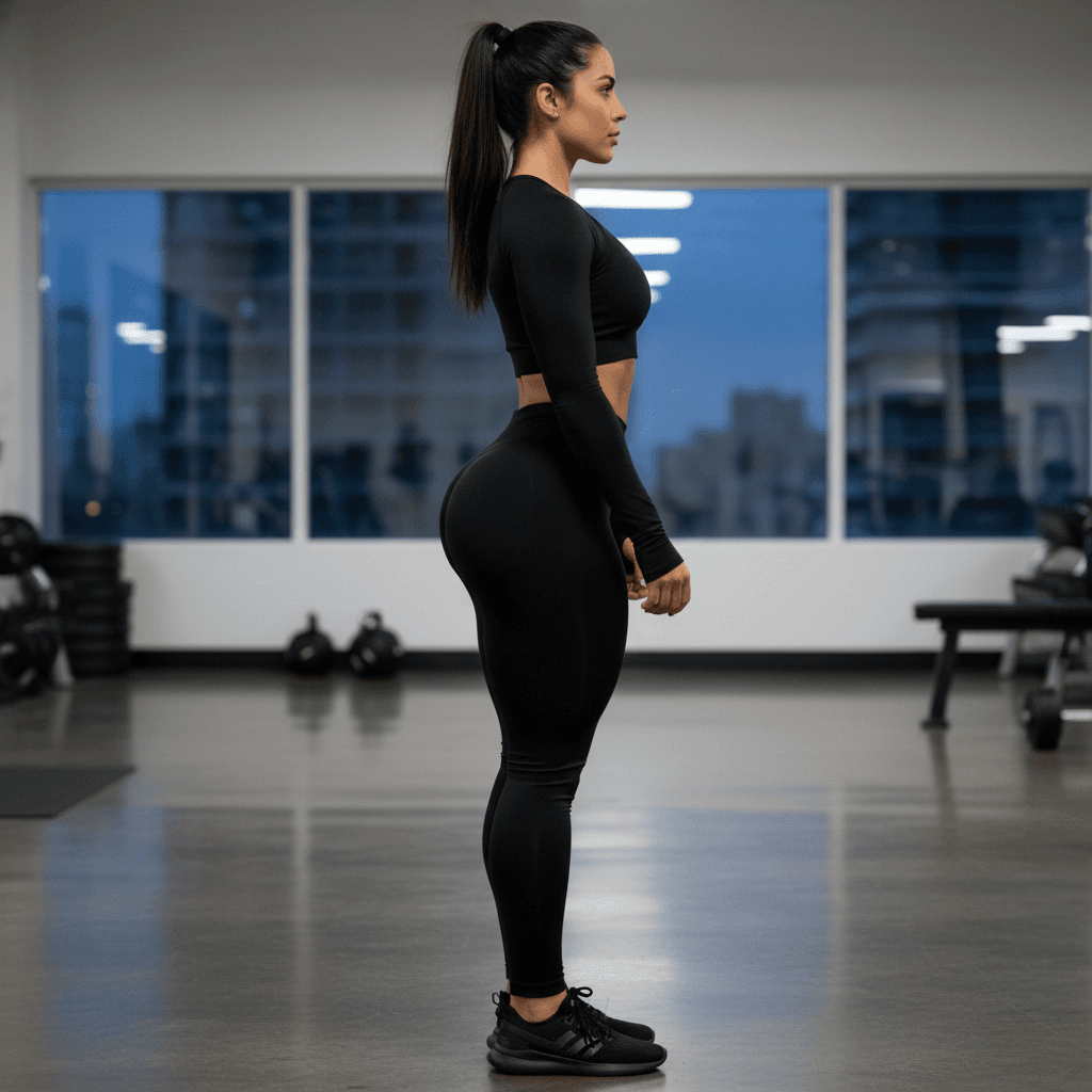 AI generated: Fitness model  woman dressed in black with extremely large buttocks standing upright
side view