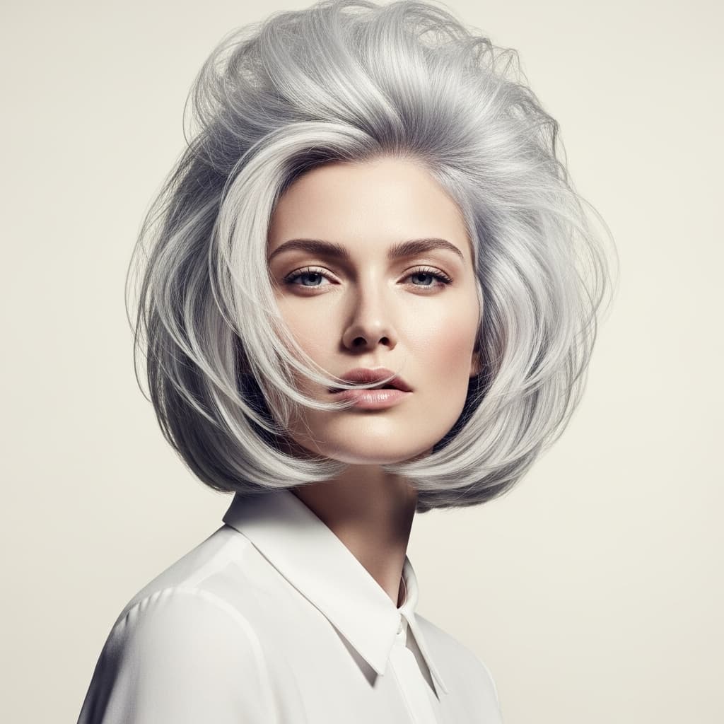 AI generated: hair photography, woman, bob cut hair, silver color, ivory hue background, studio lighting setup, re...