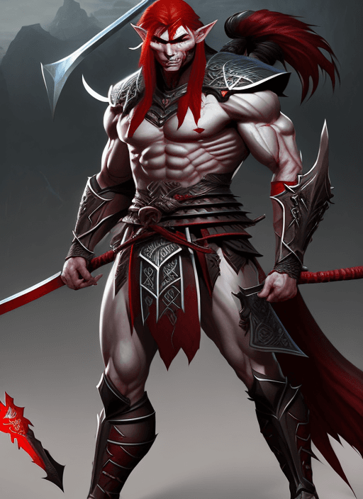 AI generated: evil male elf warrior with muscular grey skin and red hair, samurai armor, ultra realistic, concept ...