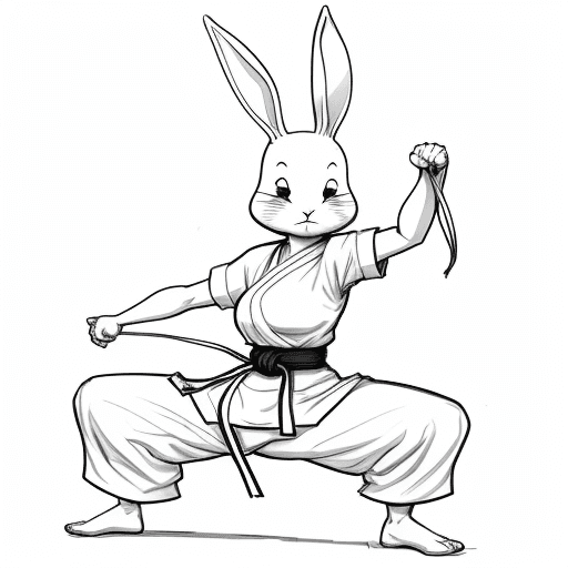 AI generated: sketch, no color, cartoon, line art, 2D, rabbit woman, rabbit legs, monk, martial arts