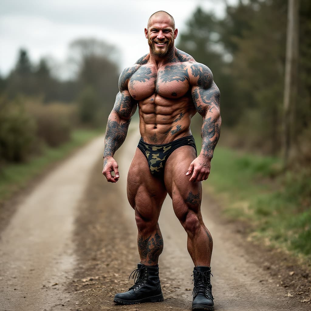 AI generated: Full body image, tall fit slim white irish bodybuilder, heavily tattooed, slim face, chiseled jawlin...