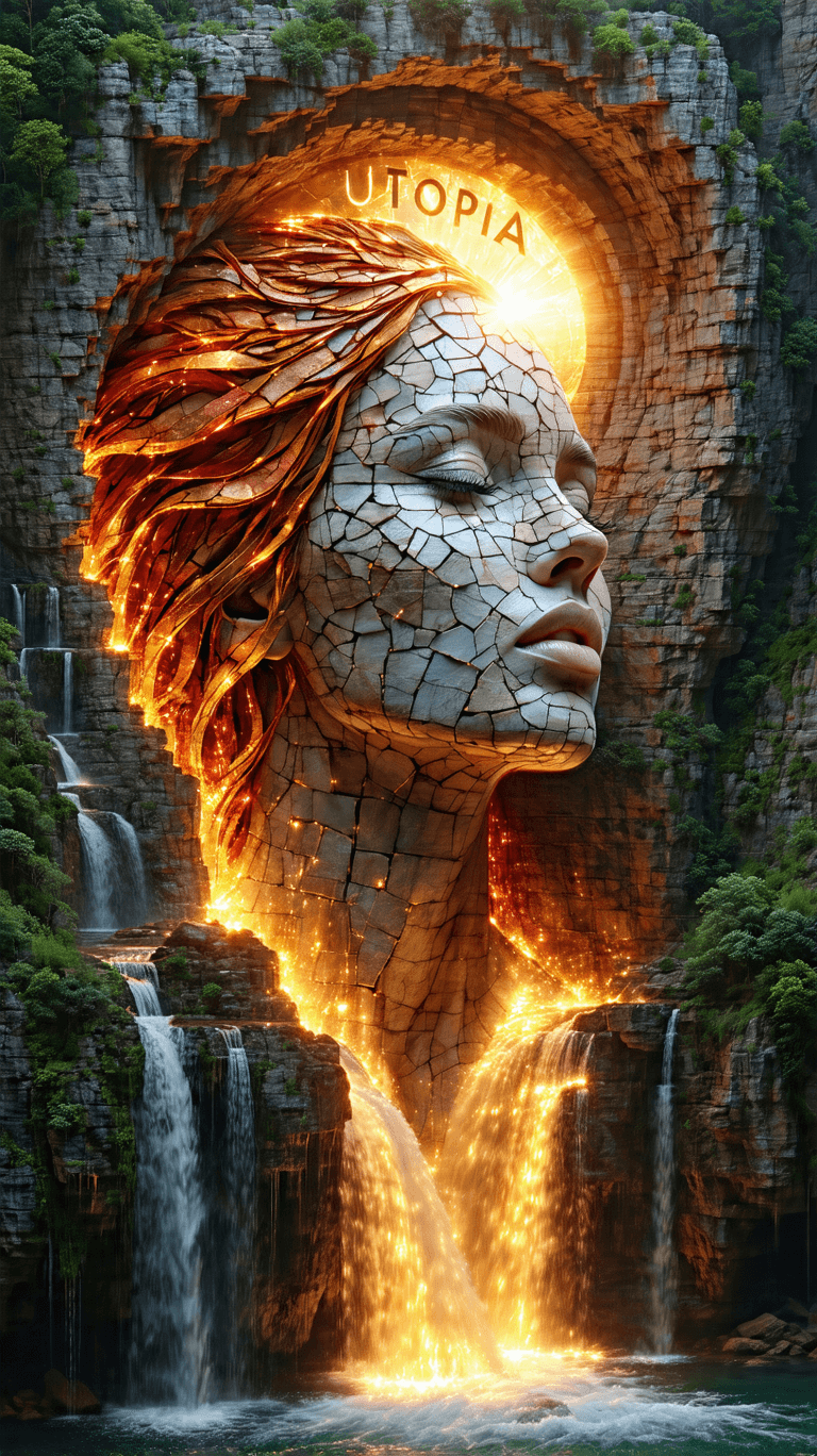 AI generated: 
A hyperrealistic fantasy portrait of a colossal stone-faced woman sculpted into a canyon wall, eyes...