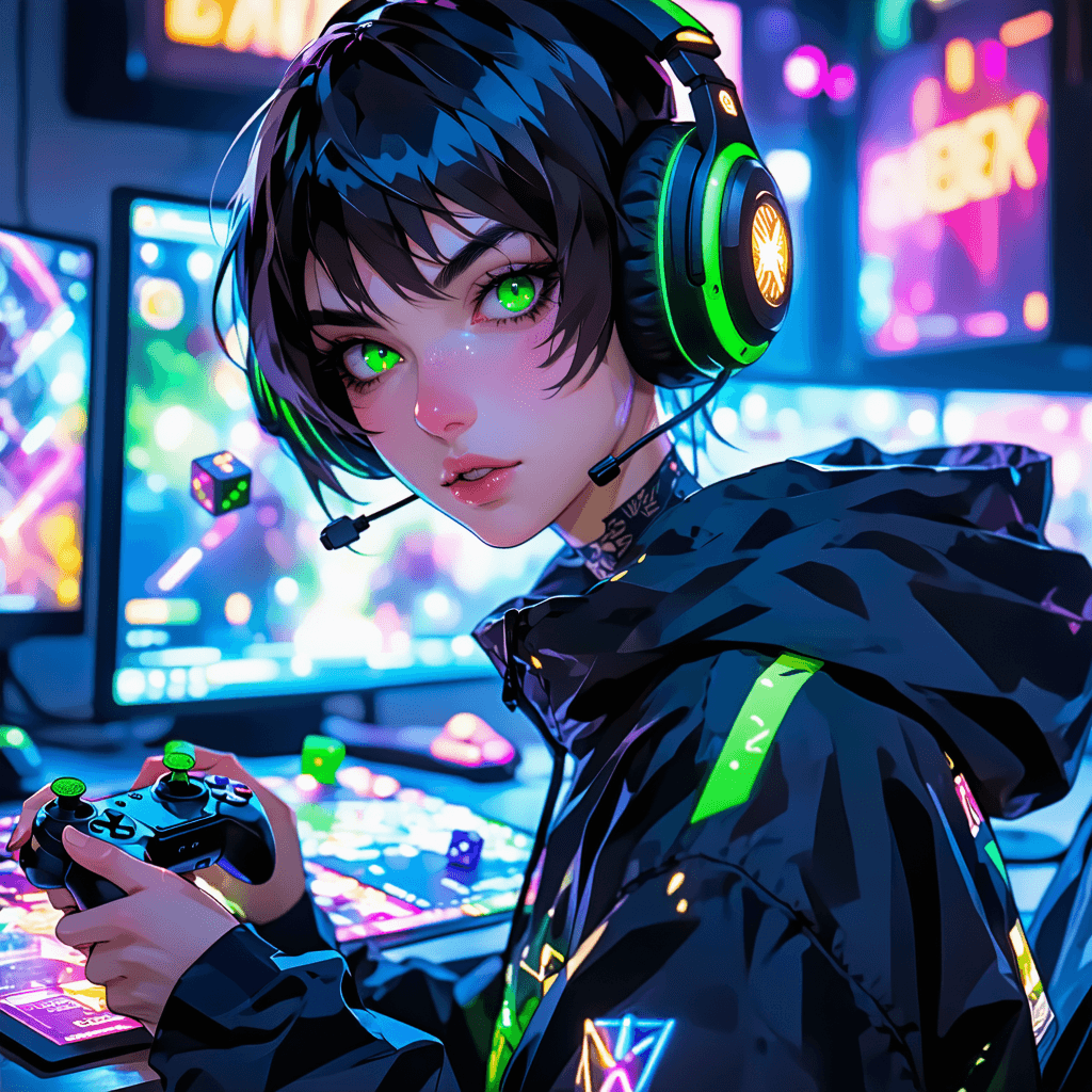 AI generated: Anime-style girl with short black hair and bright green eyes, wearing black and green futuristic hea...