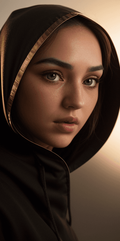 AI generated: (Orange eyes) ((dark black background)) ((face side lit with golden light lamp)) ((Eyes: deep blue, ...