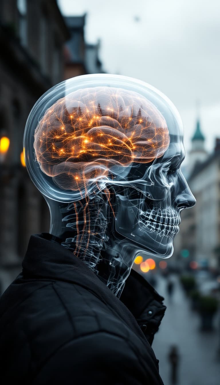 AI generated: Moravian man with translucent skull, so you can see his brain, Brno 2050 urban cityscape in the back...