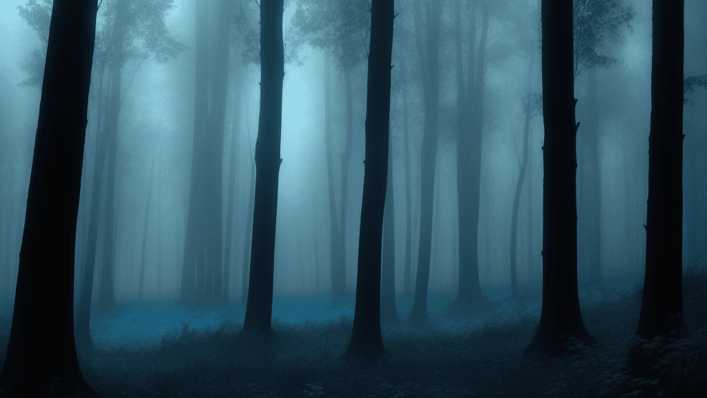 AI generated: Dark forest with foggy background and blue sky.