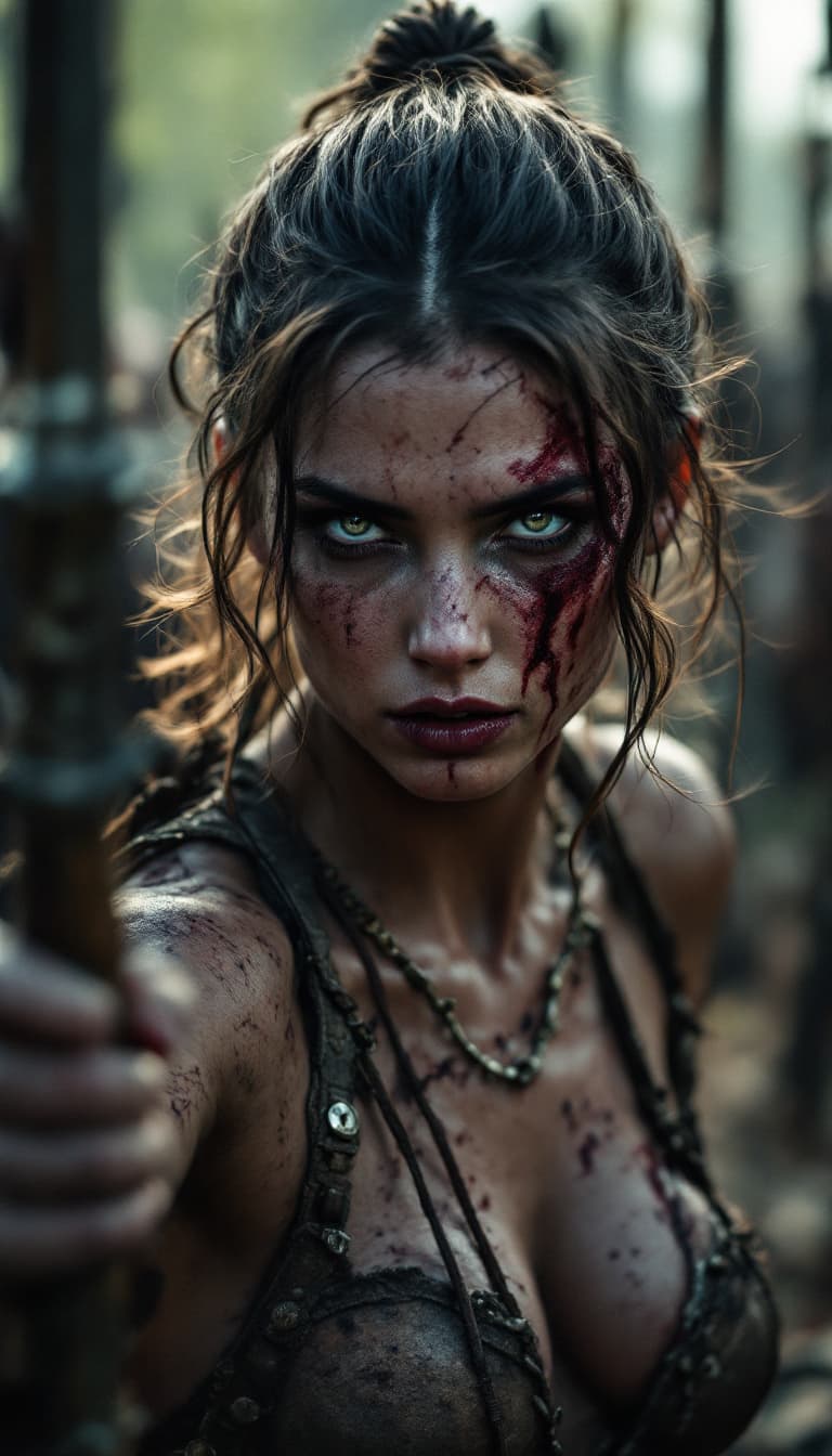 AI generated: high-resolution photograph, woman, ugly scar in the face, exposed body,  dramatic scene of old war, ...