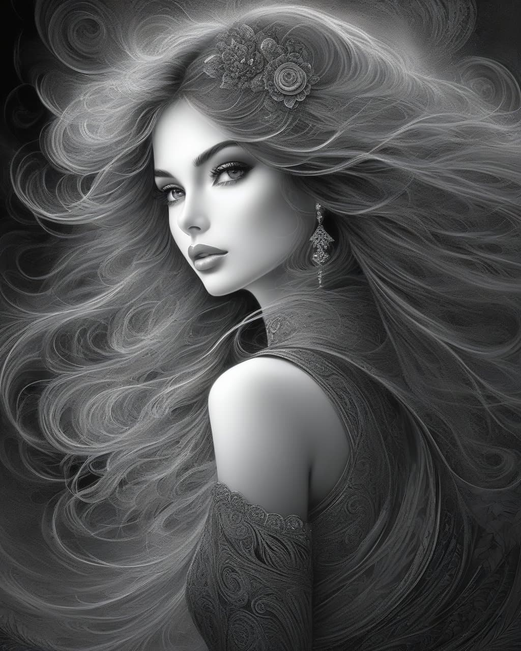 AI generated: stunning girl an image of a black and white painting of a hyperdetailed sketch art, in the style of ...