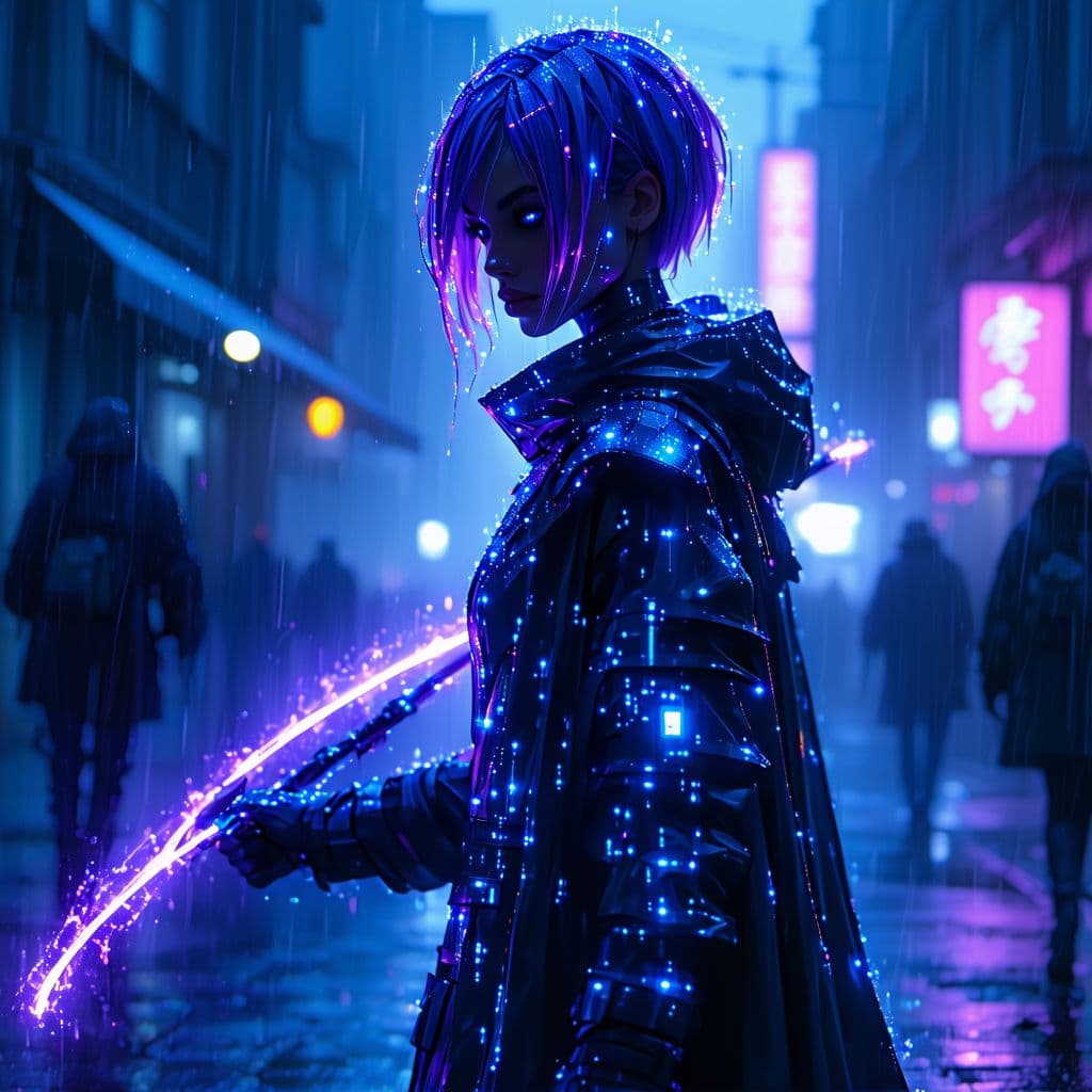 AI generated: A cyberpunk enchantress, silhouetted against a rain-streaked holographic cityscape, her short, vibra...