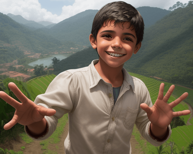 AI generated: realistic image of a latin boy smiling and waving with one five fingered hand in a colombian landsca...
