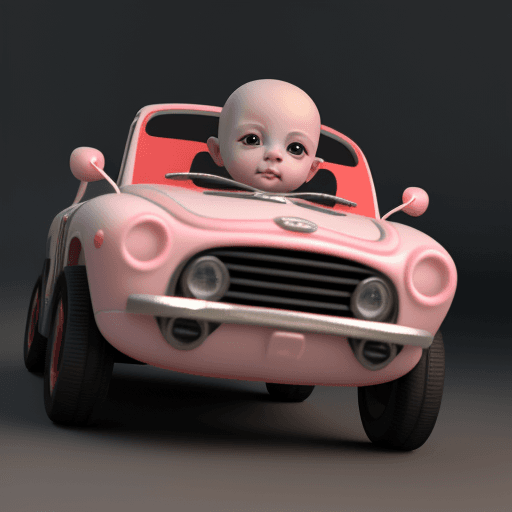 AI generated: a very cute baby pitbull with big eyes, driving in a toy car, 3d render