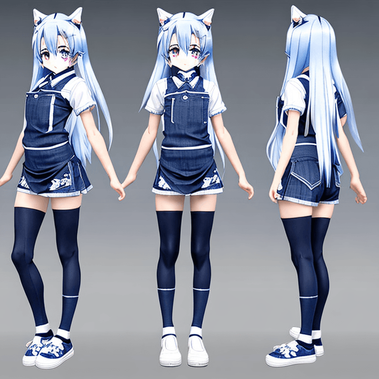 AI generated: anatomically correct, full body t-pose view of anime style wolf girl with dark Chambray blue and whi...