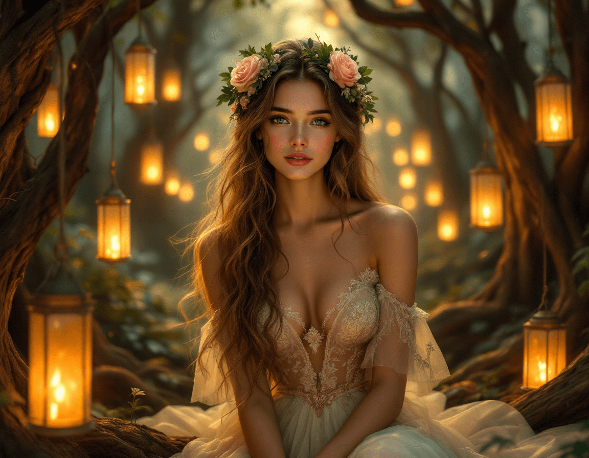 AI generated: A beautiful young woman with long, wavy hair sits in a glowing forest glade surrounded by softly lit...