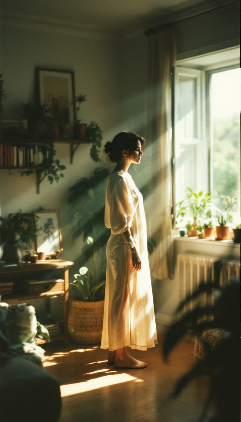 AI generated: A woman stands in the room wearing a light dress that reflects her figure gracefully, bathed in sunl...