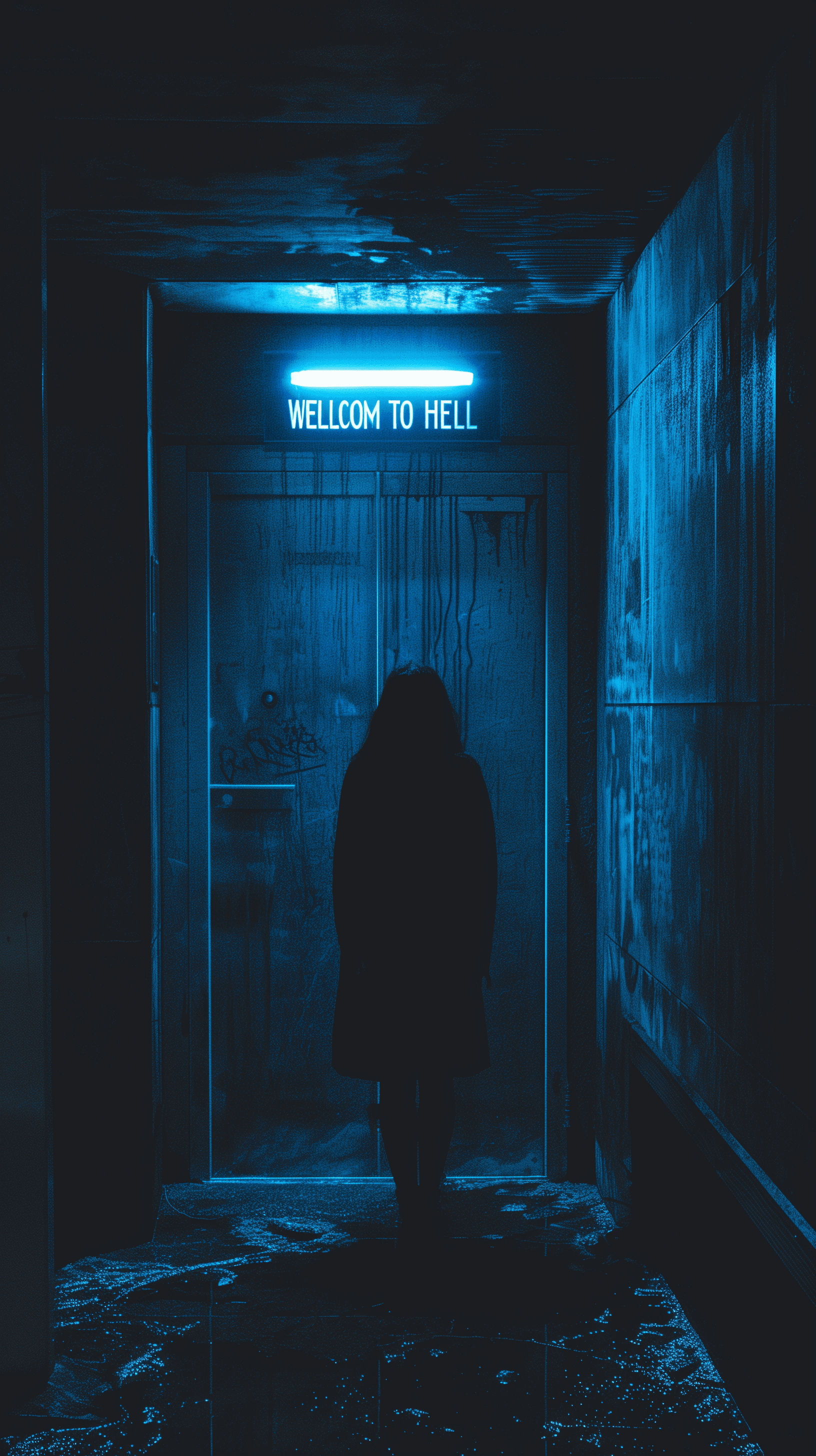 AI generated: photography, nighttime scene centered on an entrance, illuminated by a stark blue neon 'welcome to h...