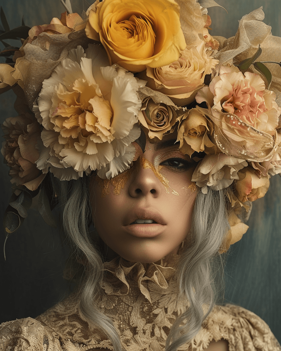 AI generated: lady gaga cd cover photograph flowers, in the style of helene knoop, light bronze and gold, peter co...