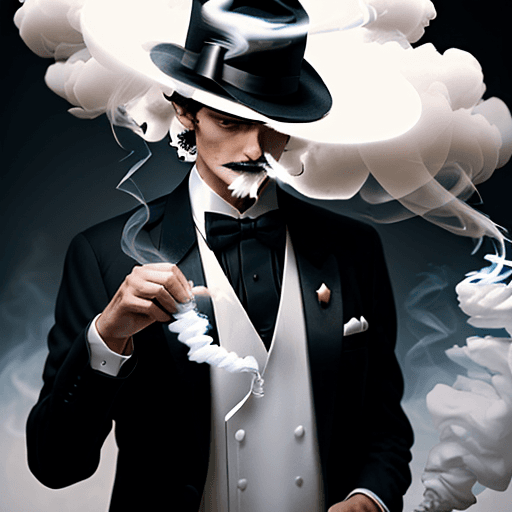 AI generated: Man in tuxedo holding a hat that is emitting white rising smoke
