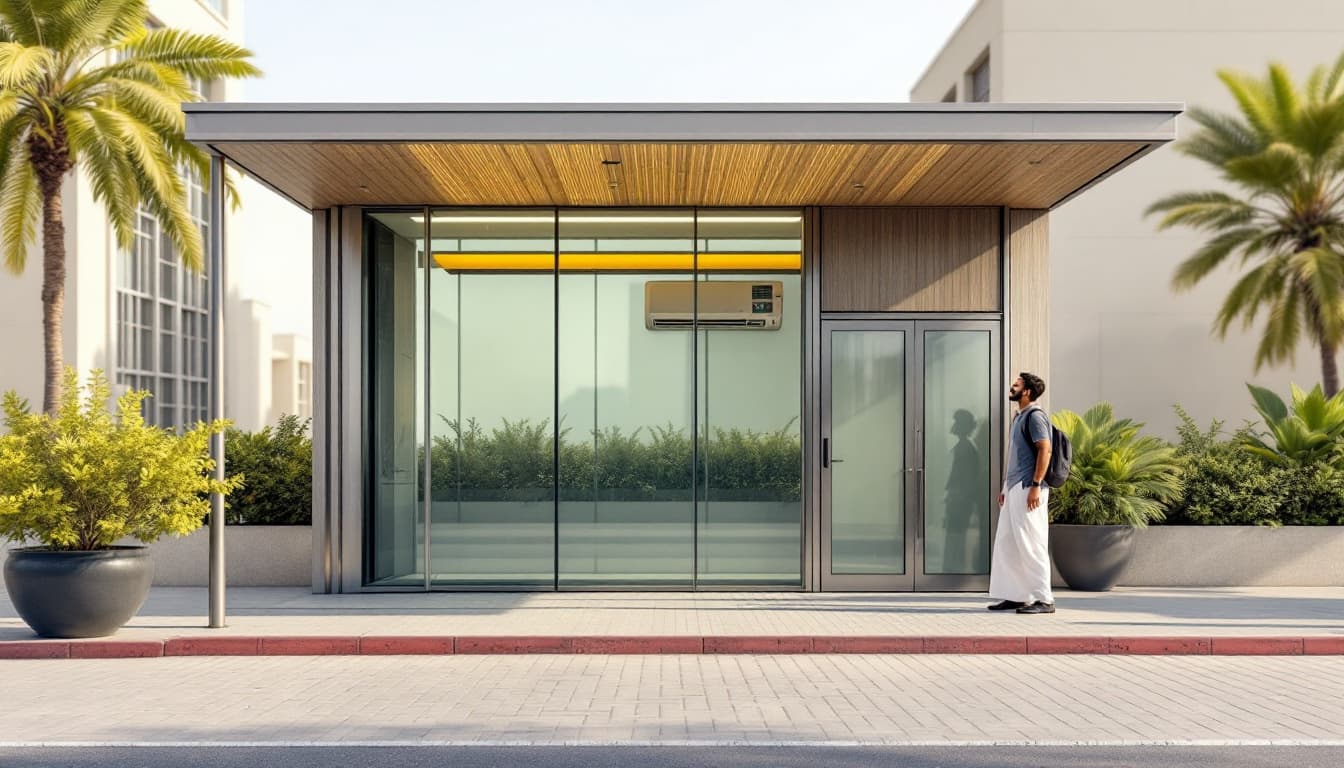 AI generated: In Riyadh city, A passenger waits for the bus at the bus stop. the bus stop is a room of 2.5m high. ...
