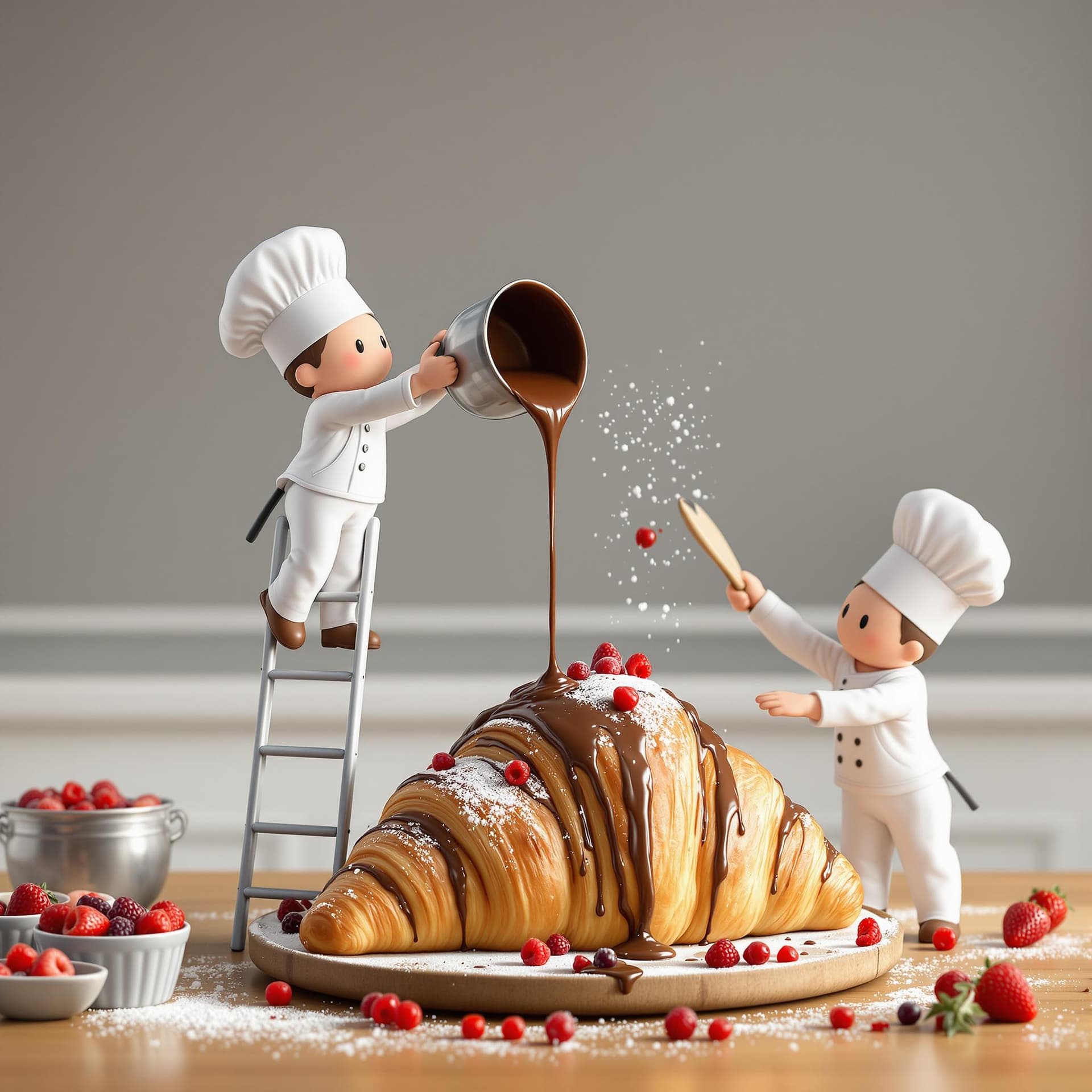AI generated: A photorealistic scene of cute miniature chefs in traditional white uniforms and hats, eagerly pouri...