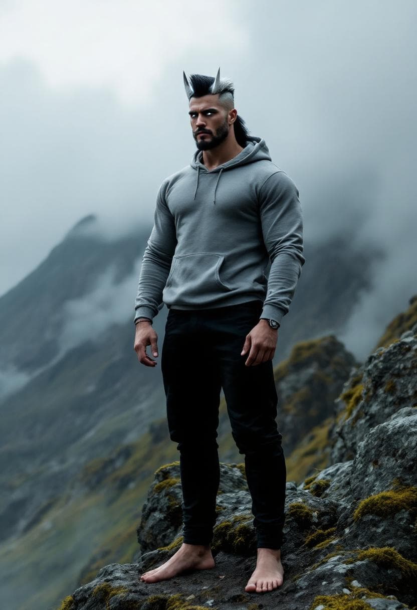 AI generated: A tall, muscular yet lean man stands barefoot on a moss-covered rock at the summit of a mountain ben...