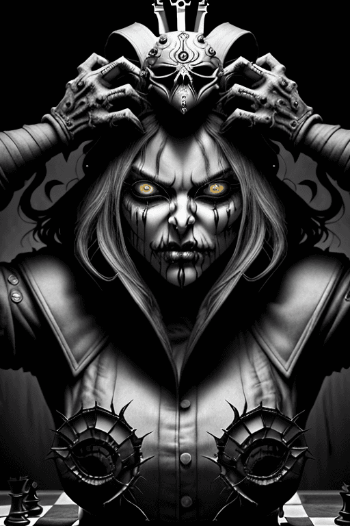 AI generated: Surreal macabre style,chess pawn face looking with aggressive eyes, very detailed protruding and exp...