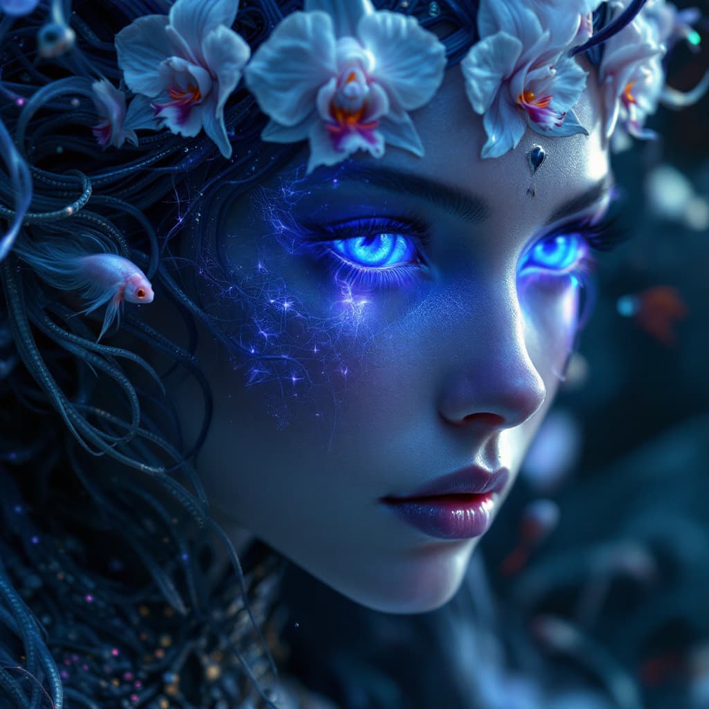 AI generated: Goddess close-up portrait ribcagel. jellyfish phoenix head, nautilus, orchid, skull, betta fish, bio...