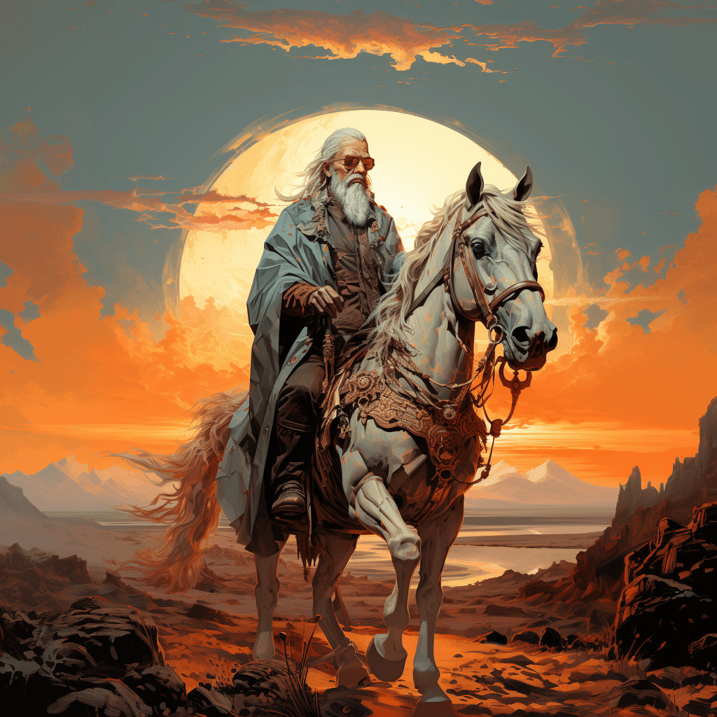 AI generated: Stunnning hyperdetailed Sketch Art, side-profile, the elderly hidalgo-knight don quixote riding his ...