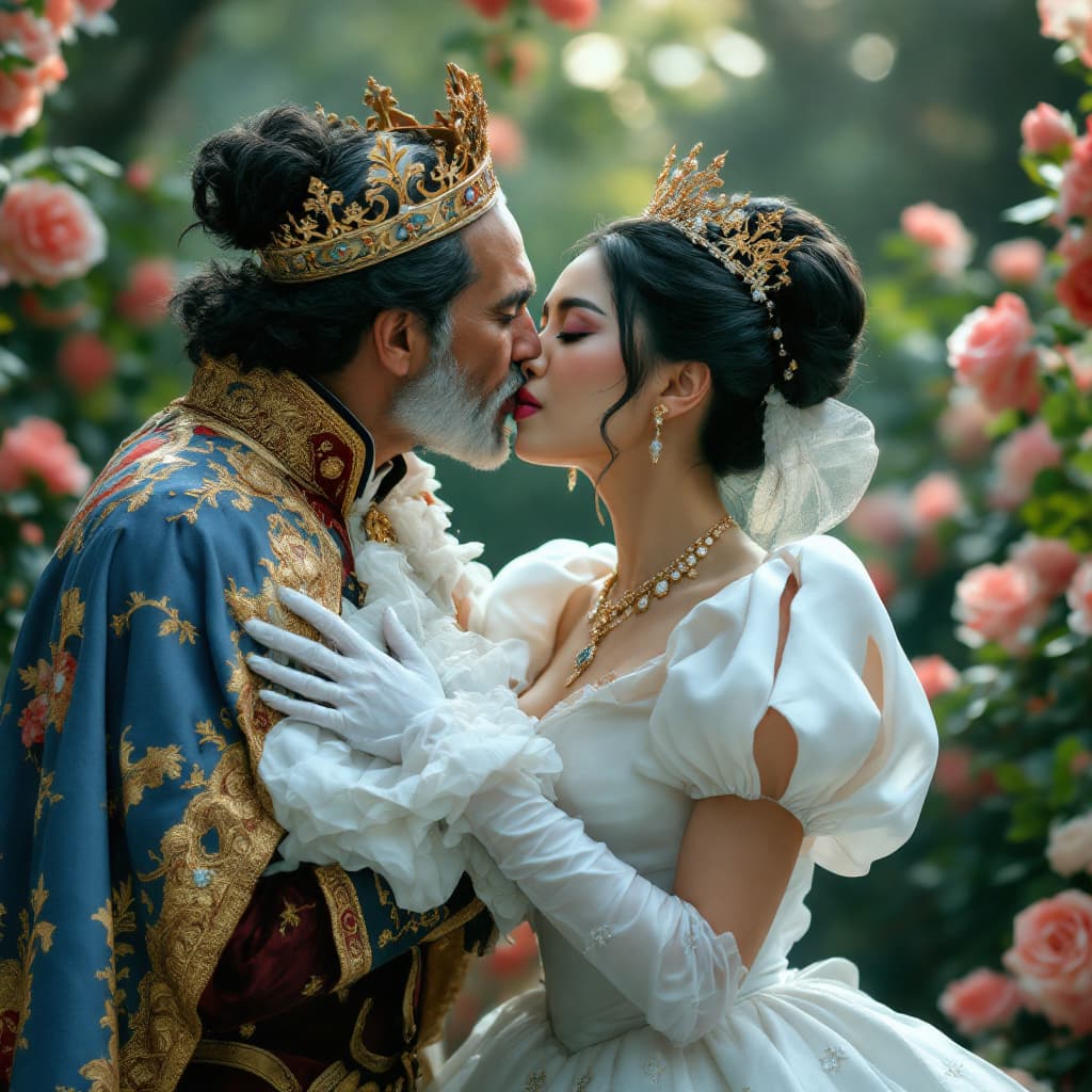AI generated: full body shot, a beautiful repulsed disgusted asian Cinderella being passionately kissed by an old ...