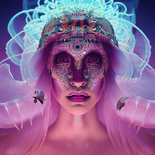 AI generated: goddess close-up portrait ribcagel. jellyfish phoenix head, nautilus, orchid, skull, betta fish, bio...