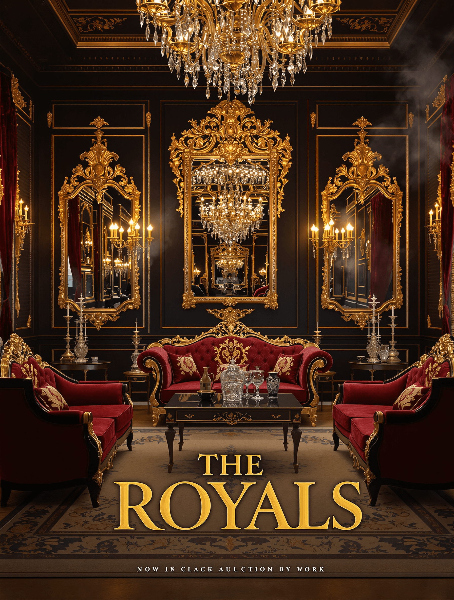 AI generated: Create a grand, opulent poster for The scene is a lavish Rococo/Baroque-inspired living room with da...