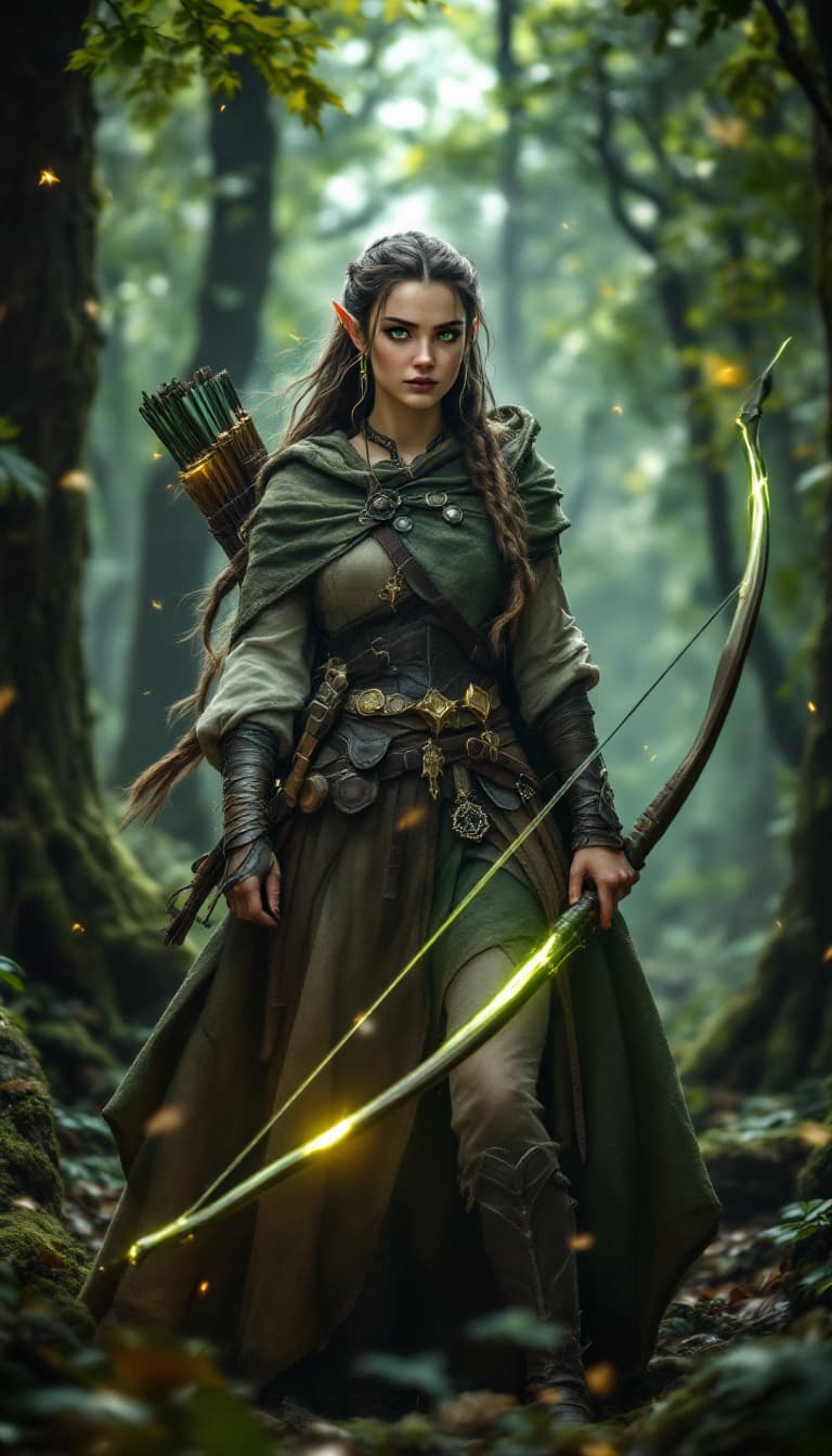 AI generated: Dynamic angle, full body view, realistic, female elven ranger, long, braided hair, lightweight leath...