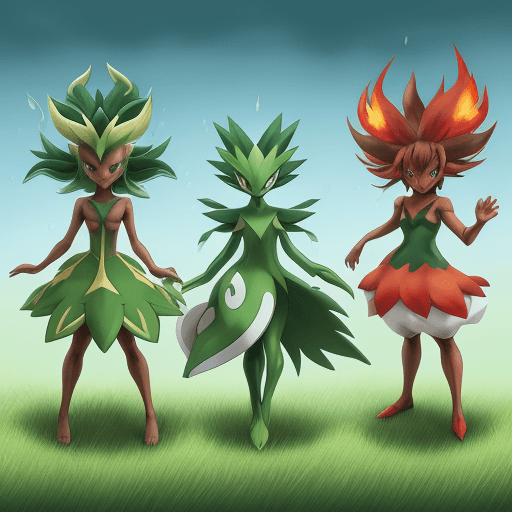 AI generated: A new set of starter Pokémon. One Grass-type, one water-type, and one fire-type. All sise by side in...