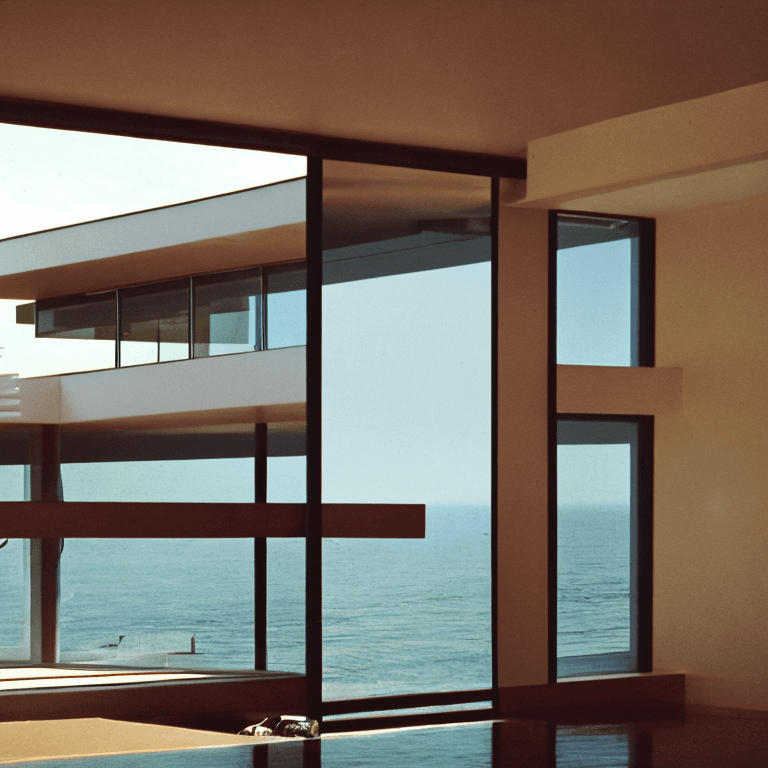 AI generated: Hyper realistic eye level exterior photo of a mid century modern style house overlooking the ocean, ...