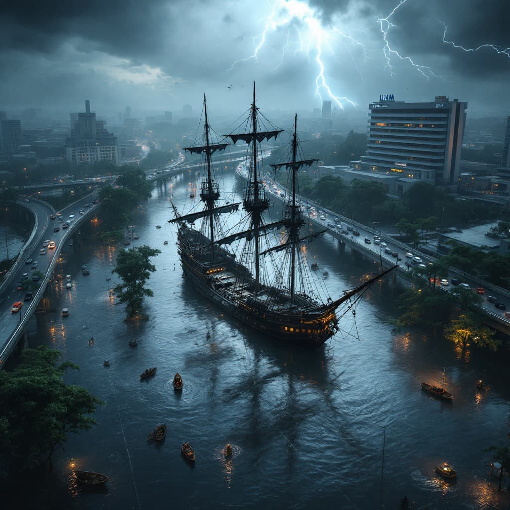 AI generated: Create a hyper-realistic bird’s-eye view of a 16th-century pirate ship stranded in the middle of a f...