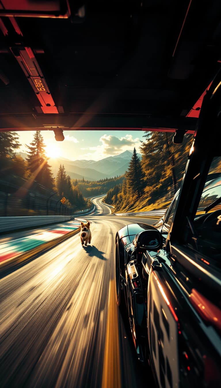 AI generated: Summer. The first racing car racing on the track.  From the car window, far around the bend, you can...