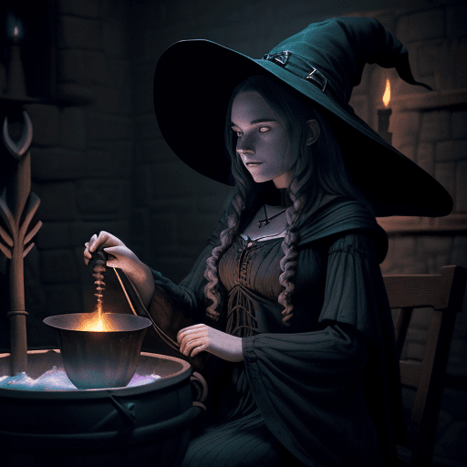 AI generated: A beautiful young witch in a big witch's hat was stirring the cauldron. he sits and mixes potions in...