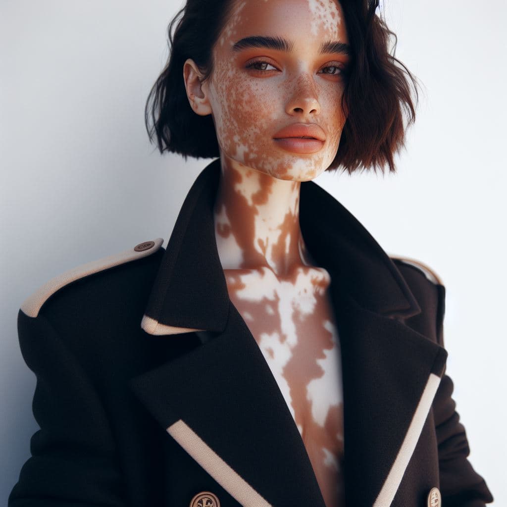 AI generated: Picture a model in a striking Dior coat against a clean white wall, captured with a high-quality DSL...