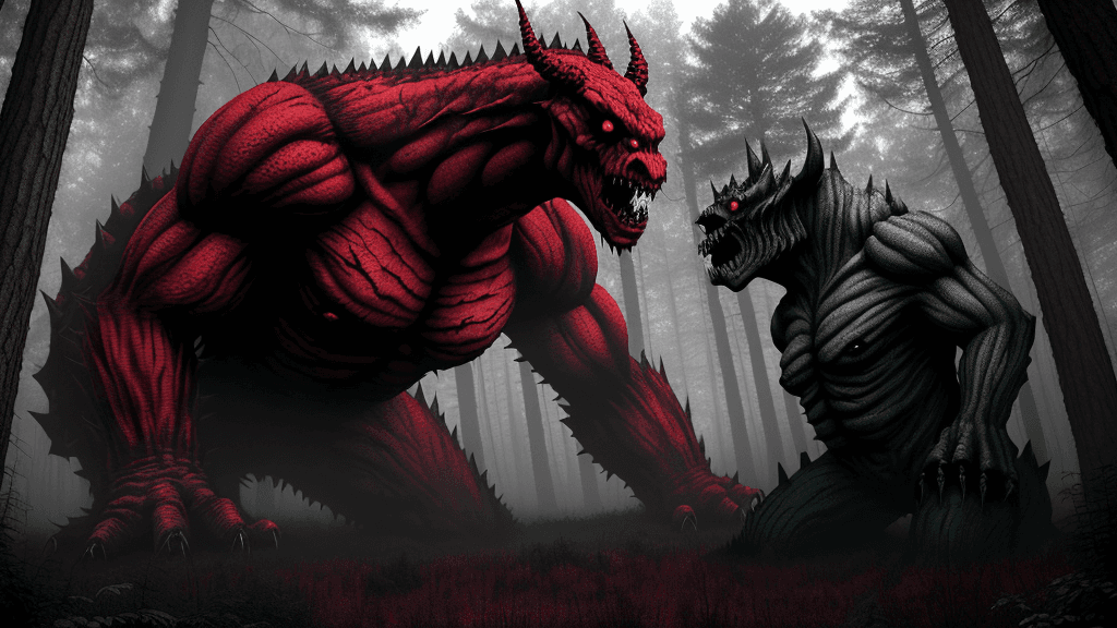 AI generated: scary large monsters in the forest, dimons, red and gray theme
