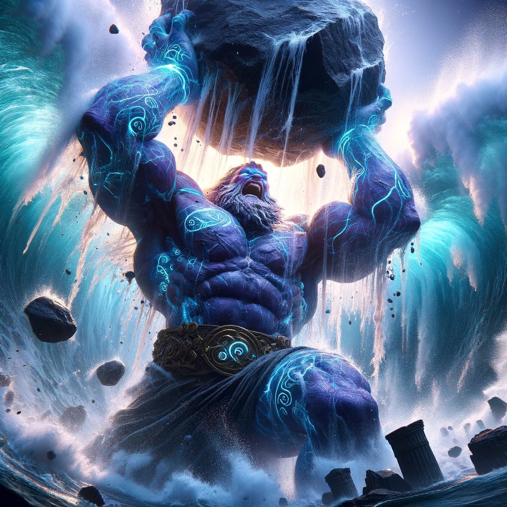 AI generated: Visualize a colossal creature, 4 meters tall with a herculean physique in an electric purple-blue hu...